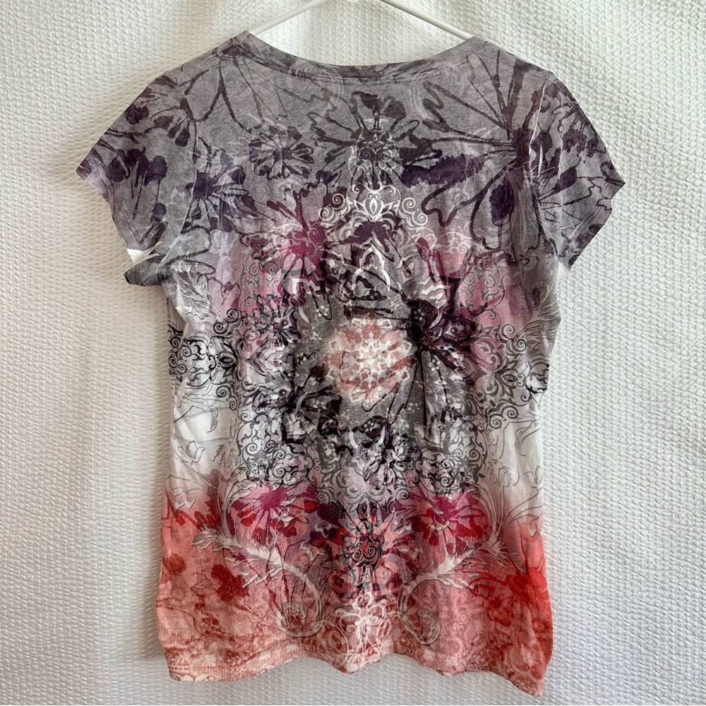 Dressbarn Women’s Floral Gray Red Short Sleeve Top Size: Large - Picture 2 of 6